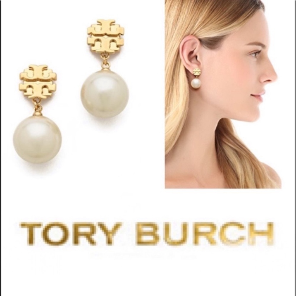 Tory Burch Authentic RARE Luxury Minimalist Wedding logo pearl drop earrings